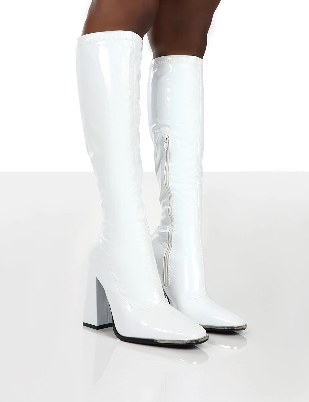 Caryn White Patent Wide Fit Knee High Block Heeled Boots 1 Caryn White Patent Wide Fit Knee High Block Heeled Boots