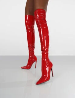 Confidence Red Patent Stiletto Heeled Over The Knee PU Boots -Boots Store confidence0013