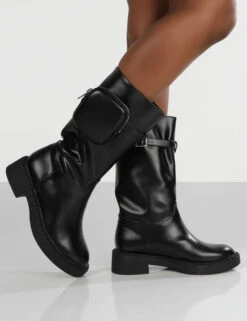 Evoke Black Pocket Detail Chunky Sole Calf Height Boot -Boots Store evoke0022