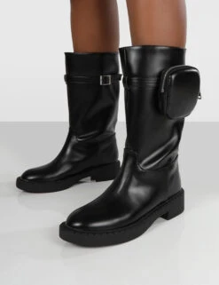 Evoke Black Pocket Detail Chunky Sole Calf Height Boot -Boots Store evoke0025