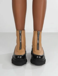 Direction Tan Pu Zip Front Platform Chunky Sole Ankle Boot -Boots Store evoke0045