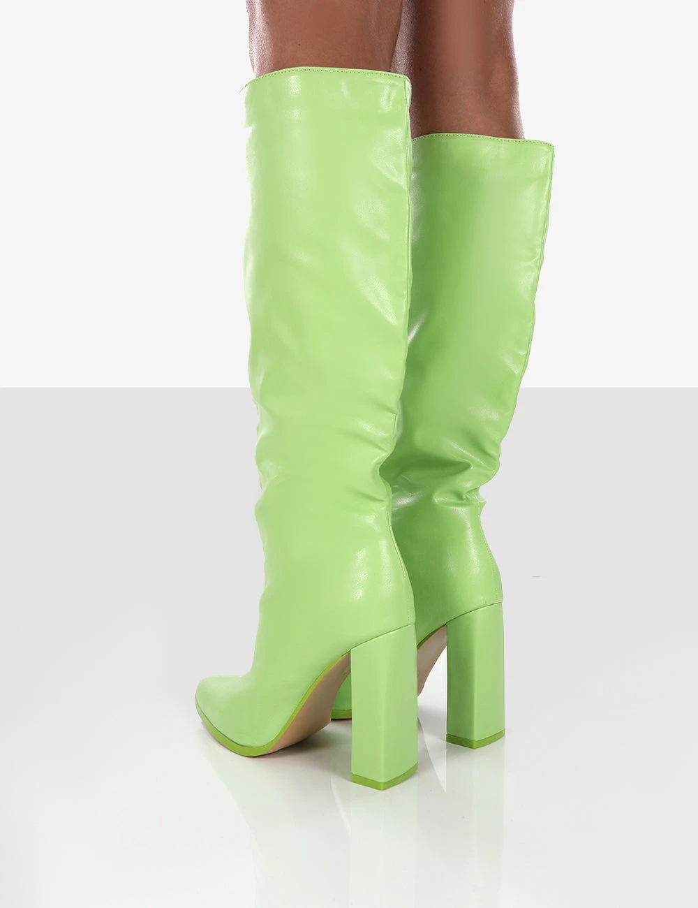 Far Away Lime Grain PU Square Toe Knee High Block Boots 2 Far Away Lime Grain PU Square Toe Knee High Block Boots - Image 2