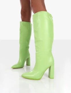 Far Away Lime Grain PU Square Toe Knee High Block Boots 8 Far Away Lime Grain PU Square Toe Knee High Block Boots -Boots Store farawaydetail