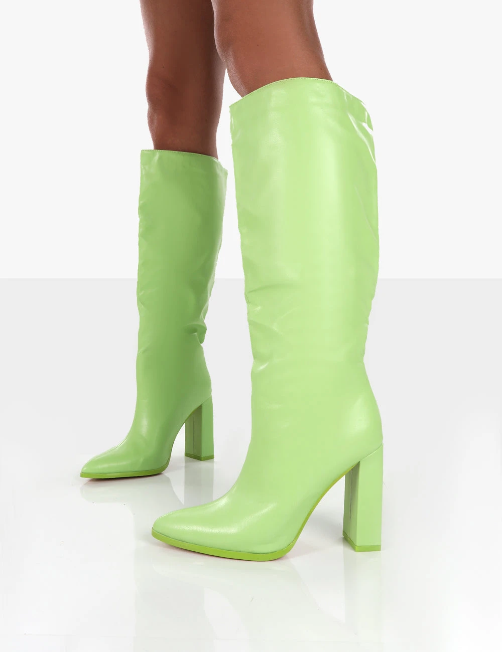 Far Away Lime Grain PU Square Toe Knee High Block Boots 4 Far Away Lime Grain PU Square Toe Knee High Block Boots - Image 4