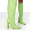 Far Away Lime Grain PU Square Toe Knee High Block Boots
