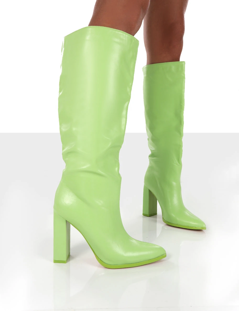 Far Away Lime Grain PU Square Toe Knee High Block Boots 1 Far Away Lime Grain PU Square Toe Knee High Block Boots