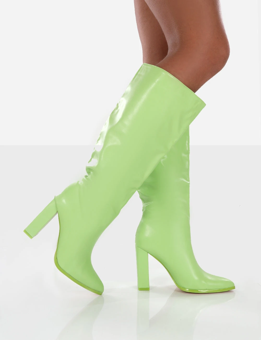 Far Away Lime Grain PU Square Toe Knee High Block Boots 3 Far Away Lime Grain PU Square Toe Knee High Block Boots - Image 3