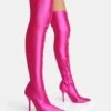 Instinct Pink Lycra Pointed Toe Stiletto Thigh High Boots