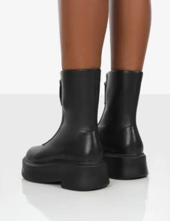 Indigo Black PU Platform Chunky Sole Zip Through Ankle Boot -Boots Store indigoblackback
