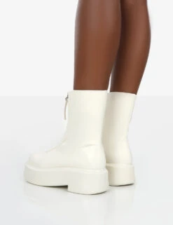 Indigo Ecru PU Platform Chunky Sole Zip Through Ankle Boot -Boots Store indigowhitback