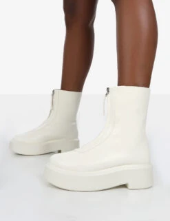 Indigo Ecru PU Platform Chunky Sole Zip Through Ankle Boot -Boots Store indigowhitedetail