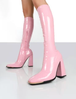 Caryn Pink Patent Knee High Heeled Boots -Boots Store pinkdetailcaryn