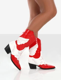 Howdy Red Patent Pointed Toe Western Cowboy Block Ankle Boots -Boots Store redbootwalking