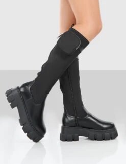 Showing Up Black PU Platform Chunky Sole Pocket Detail Knee High Boots -Boots Store showingupblackwalking